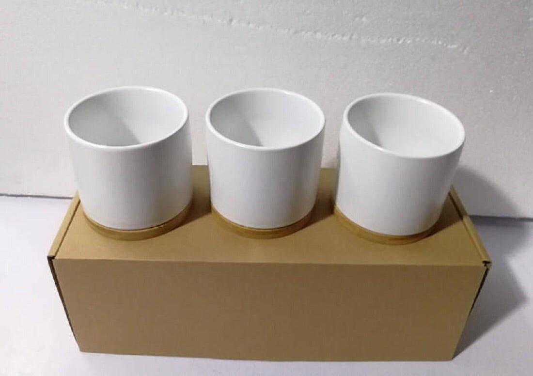 3.5" Cylinder Porcelain Pots with Catch Plate (Set-of-three)