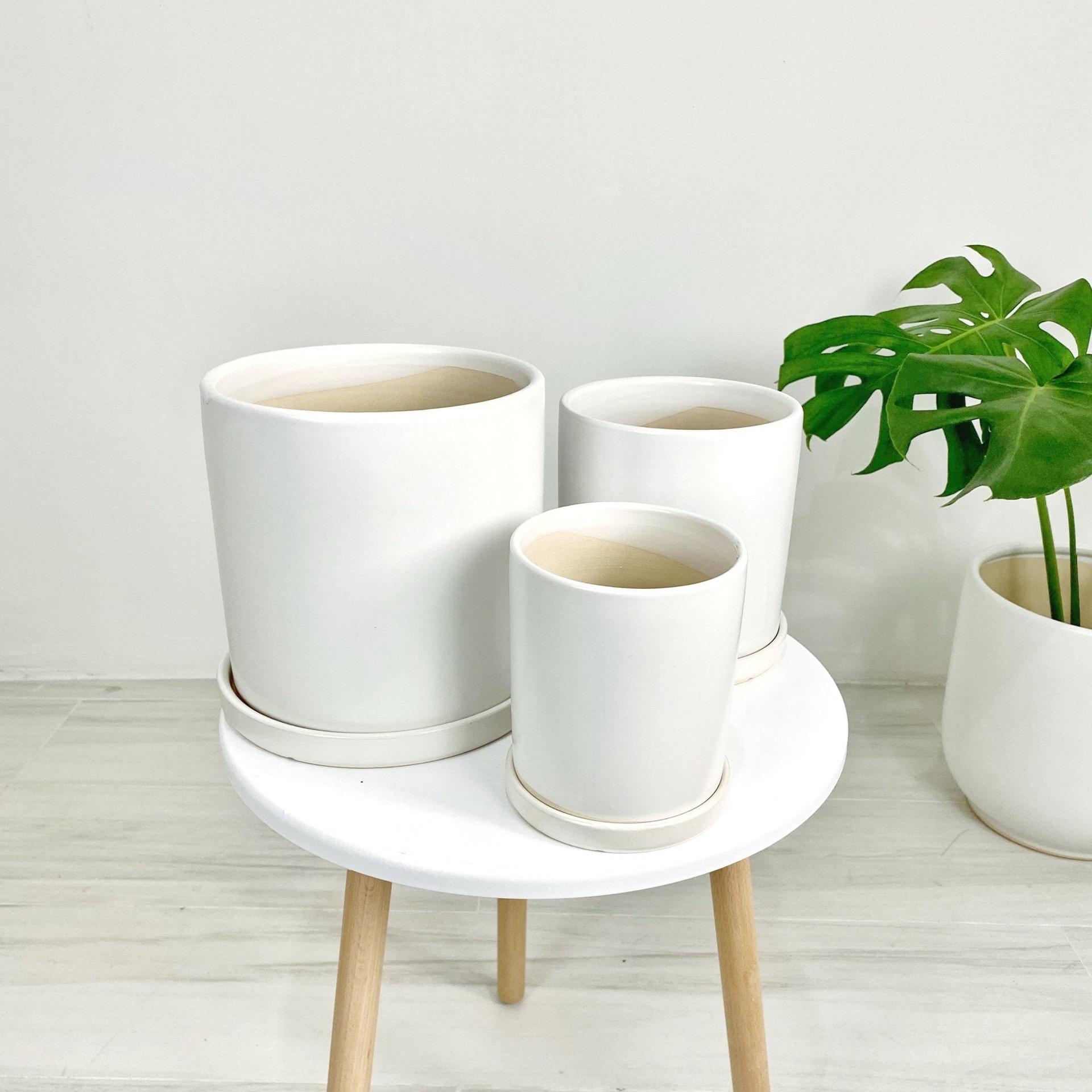 ES1257 Cylinder Glazed Clay Desk Ceramic Pot with Ceramic Saucer
