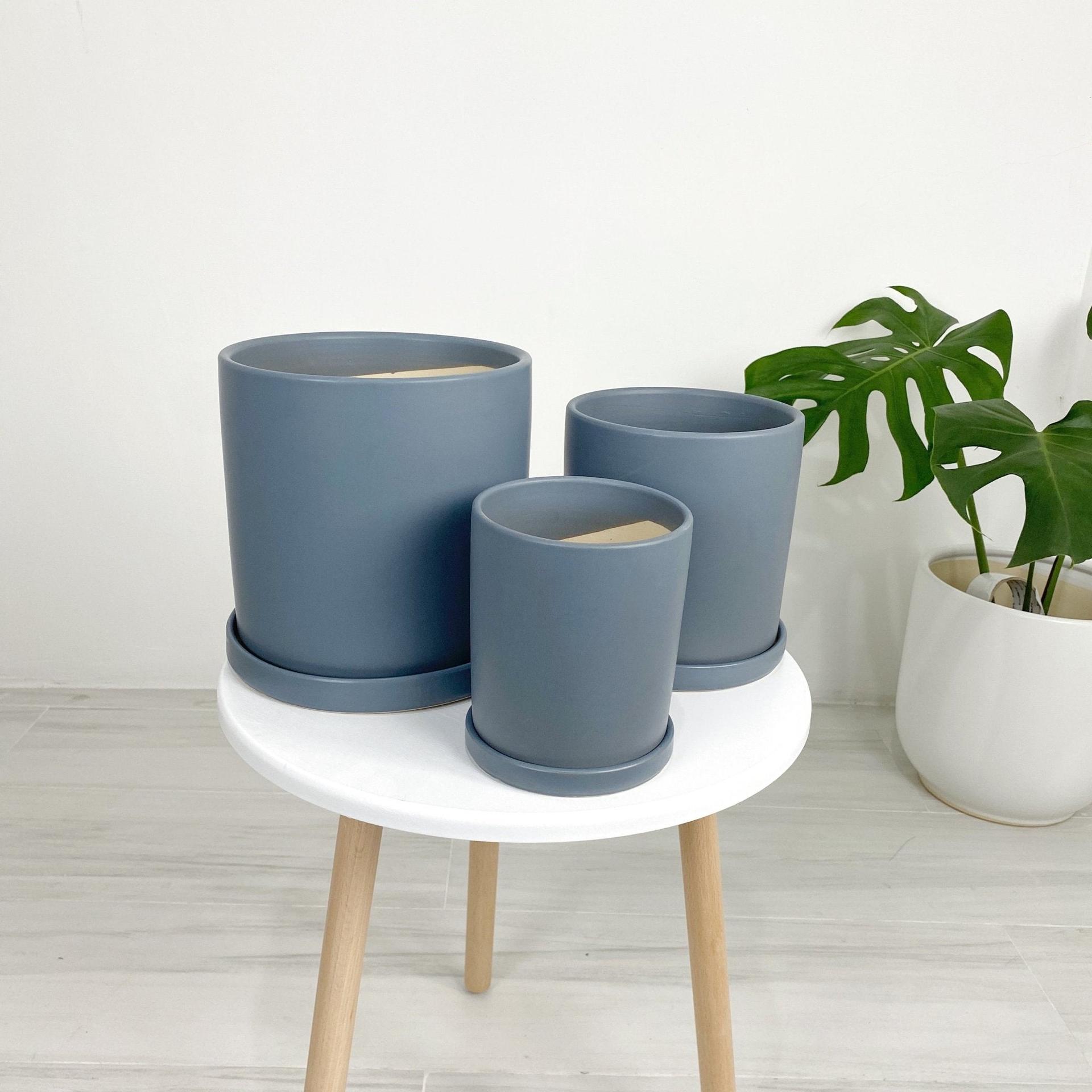 ES1257 Cylinder Glazed Clay Desk Ceramic Pot with Ceramic Saucer