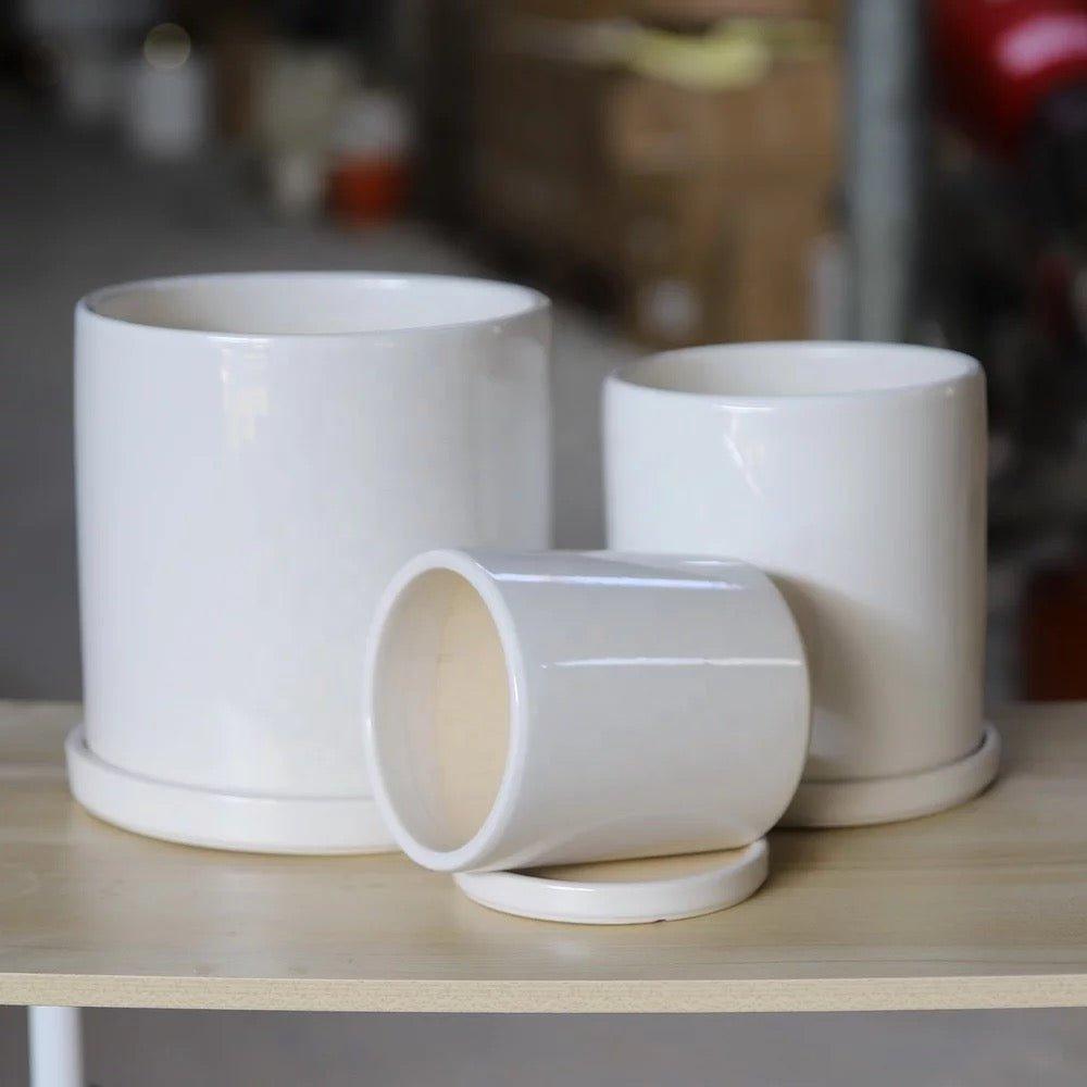 ES1257 Cylinder Glazed Clay Desk Ceramic Pot with Ceramic Saucer