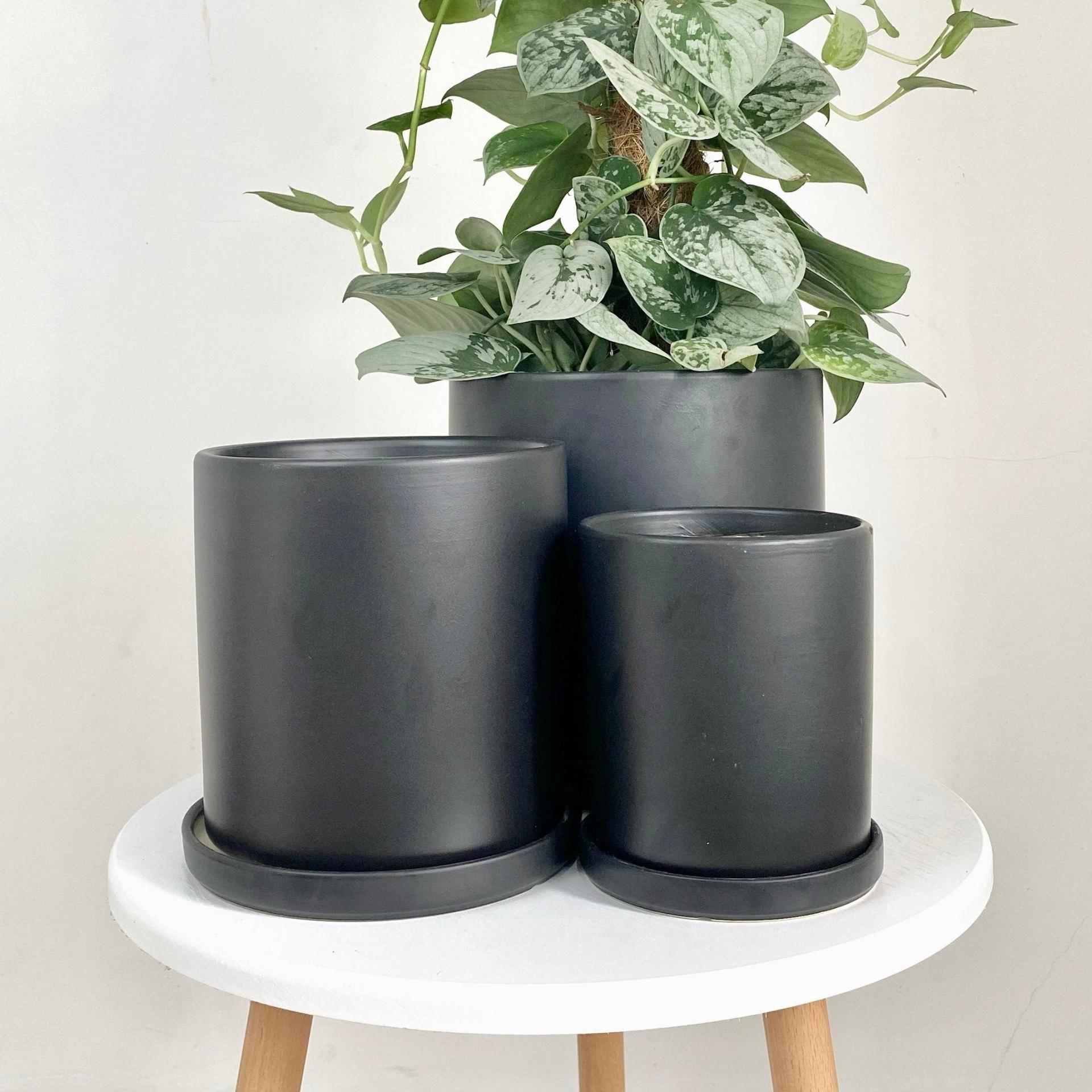 ES1257 Cylinder Glazed Clay Desk Ceramic Pot with Ceramic Saucer