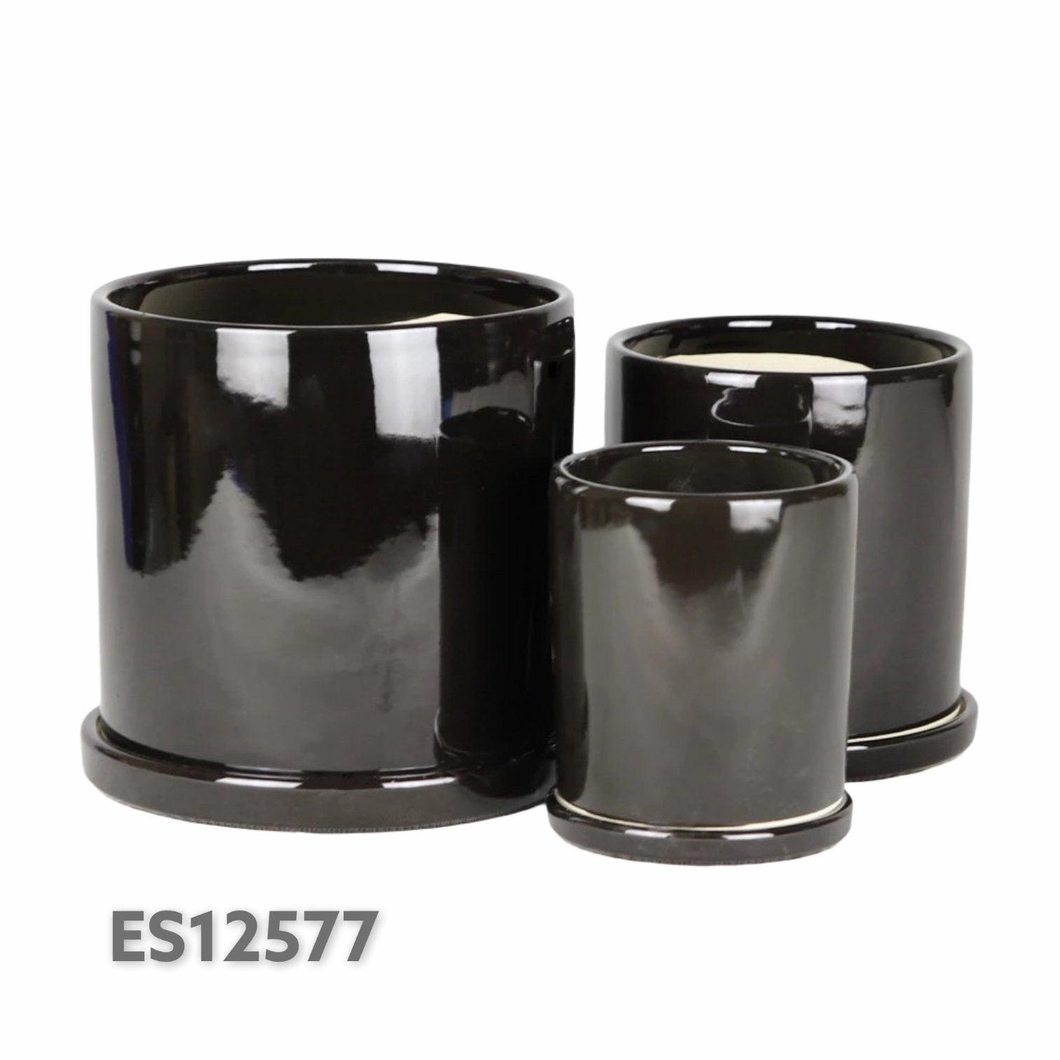 ES1257 Cylinder Glazed Clay Desk Ceramic Pot with Ceramic Saucer
