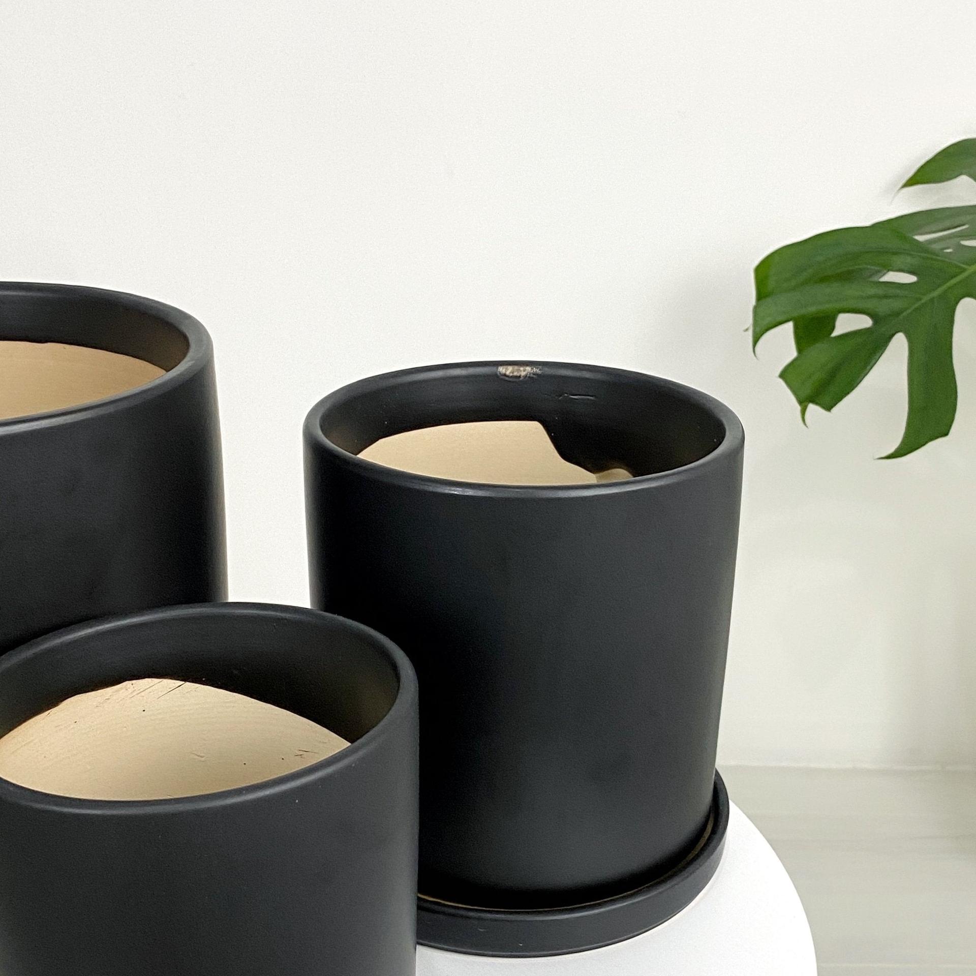 ES1257 Cylinder Glazed Clay Desk Ceramic Pot with Ceramic Saucer