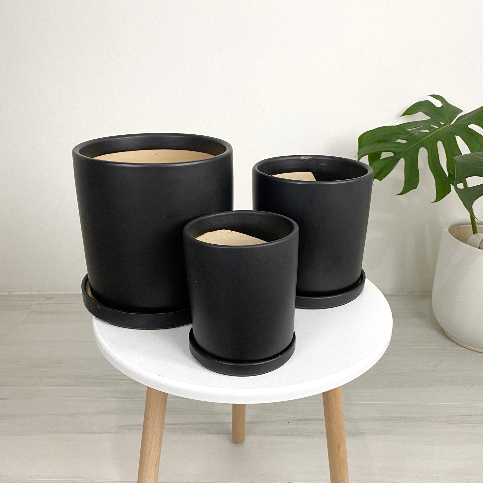 ES1257 Cylinder Glazed Clay Desk Ceramic Pot with Ceramic Saucer
