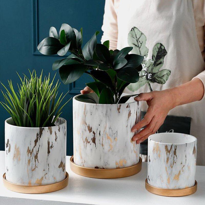 Rustic Marbled Finish Ceramic Table Pot with Saucer (Set of Three)