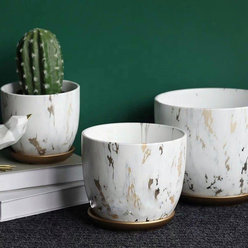 Rustic Marbled Finish Ceramic Table Pot with Saucer (Set of Three)