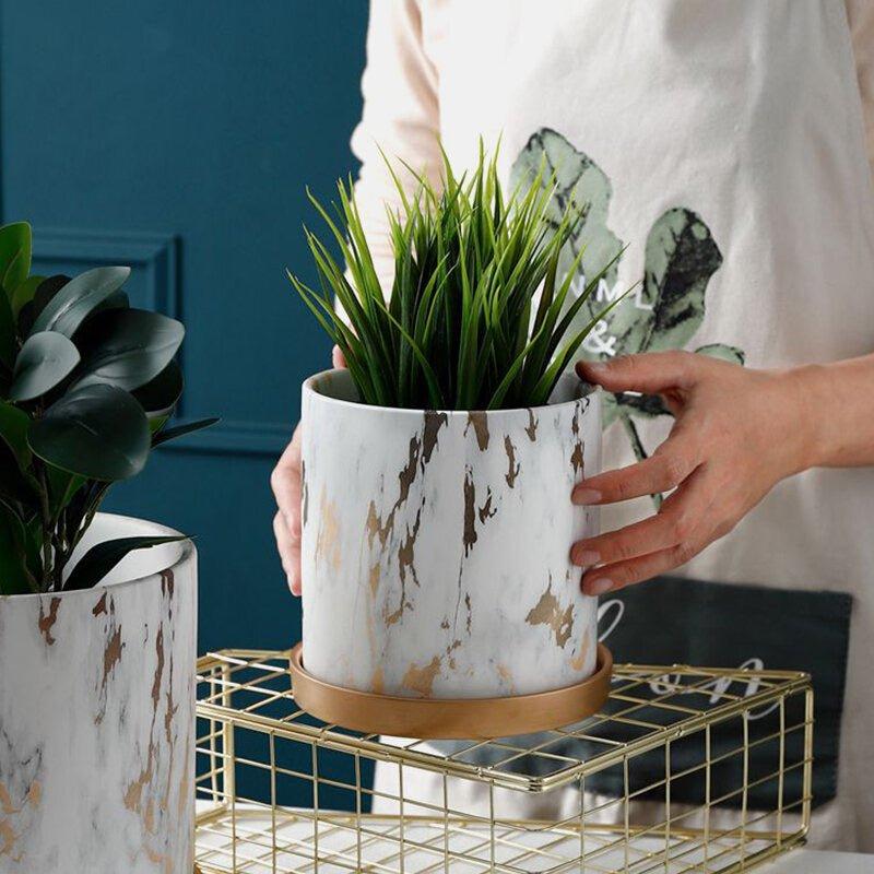 Rustic Marbled Finish Ceramic Table Pot with Saucer (Set of Three)
