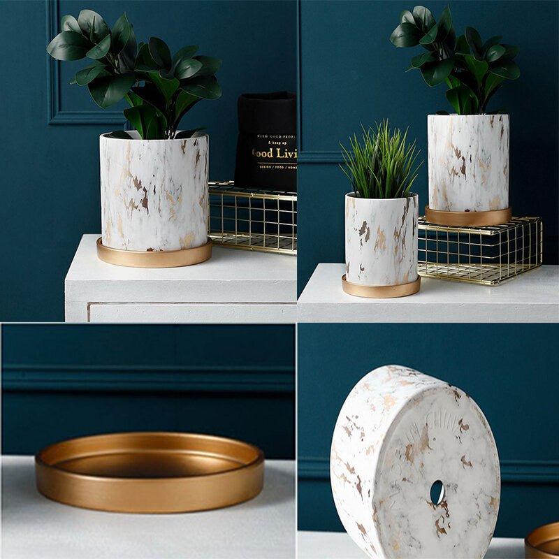 Rustic Marbled Finish Ceramic Table Pot with Saucer (Set of Three)