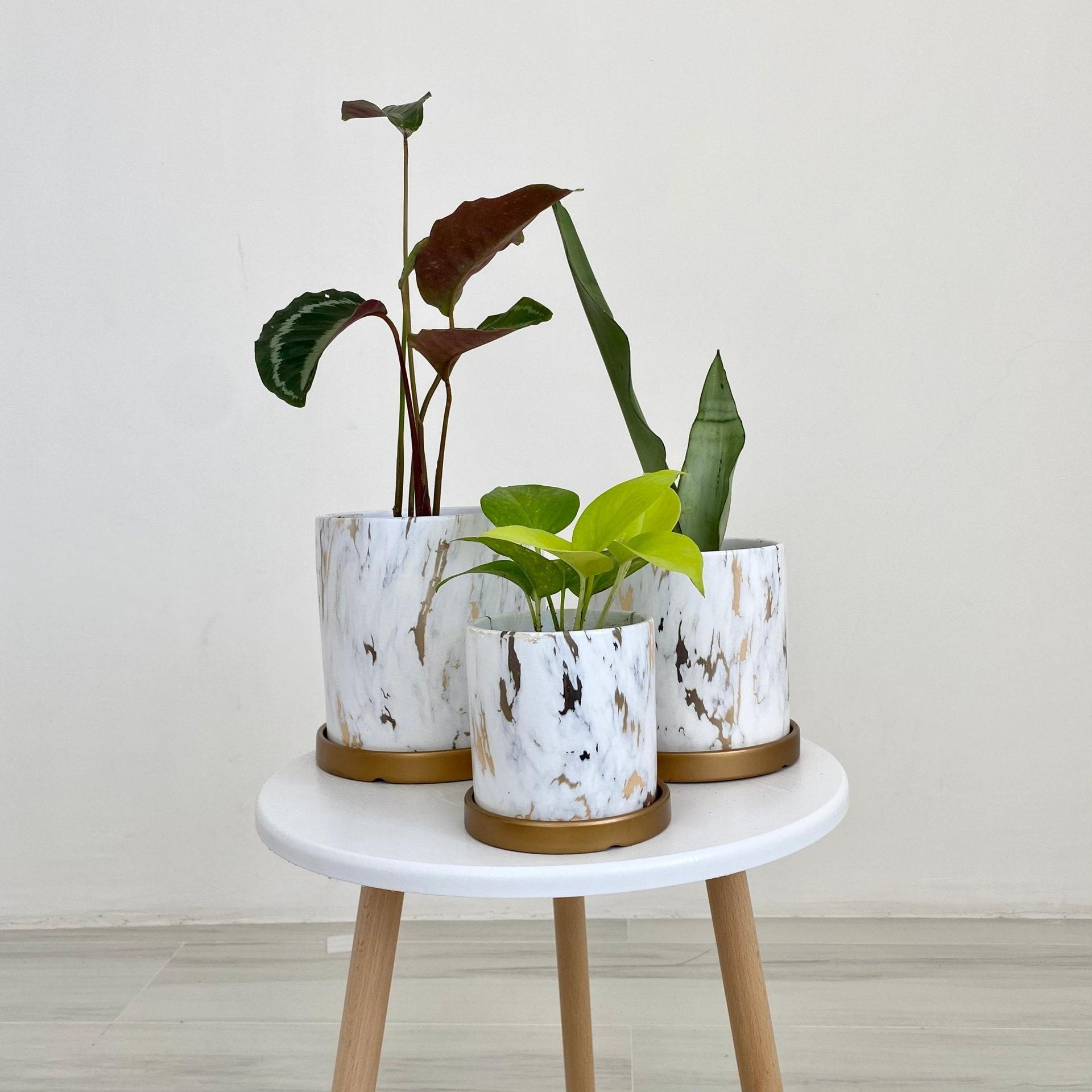 Rustic Marbled Finish Ceramic Table Pot with Saucer (Set of Three)