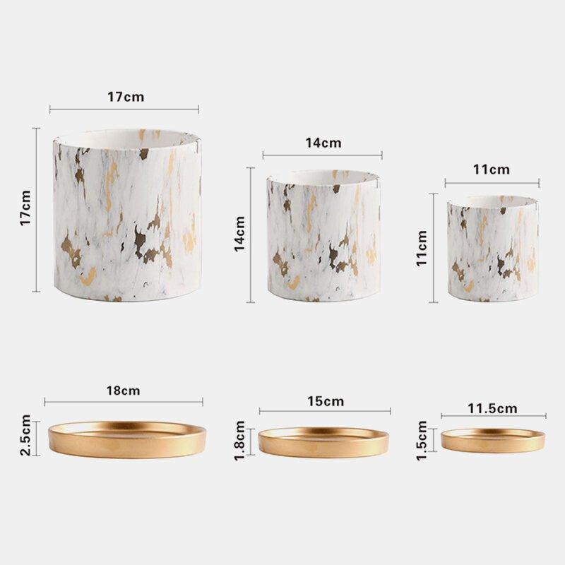 Rustic Marbled Finish Ceramic Table Pot with Saucer (Set of Three)