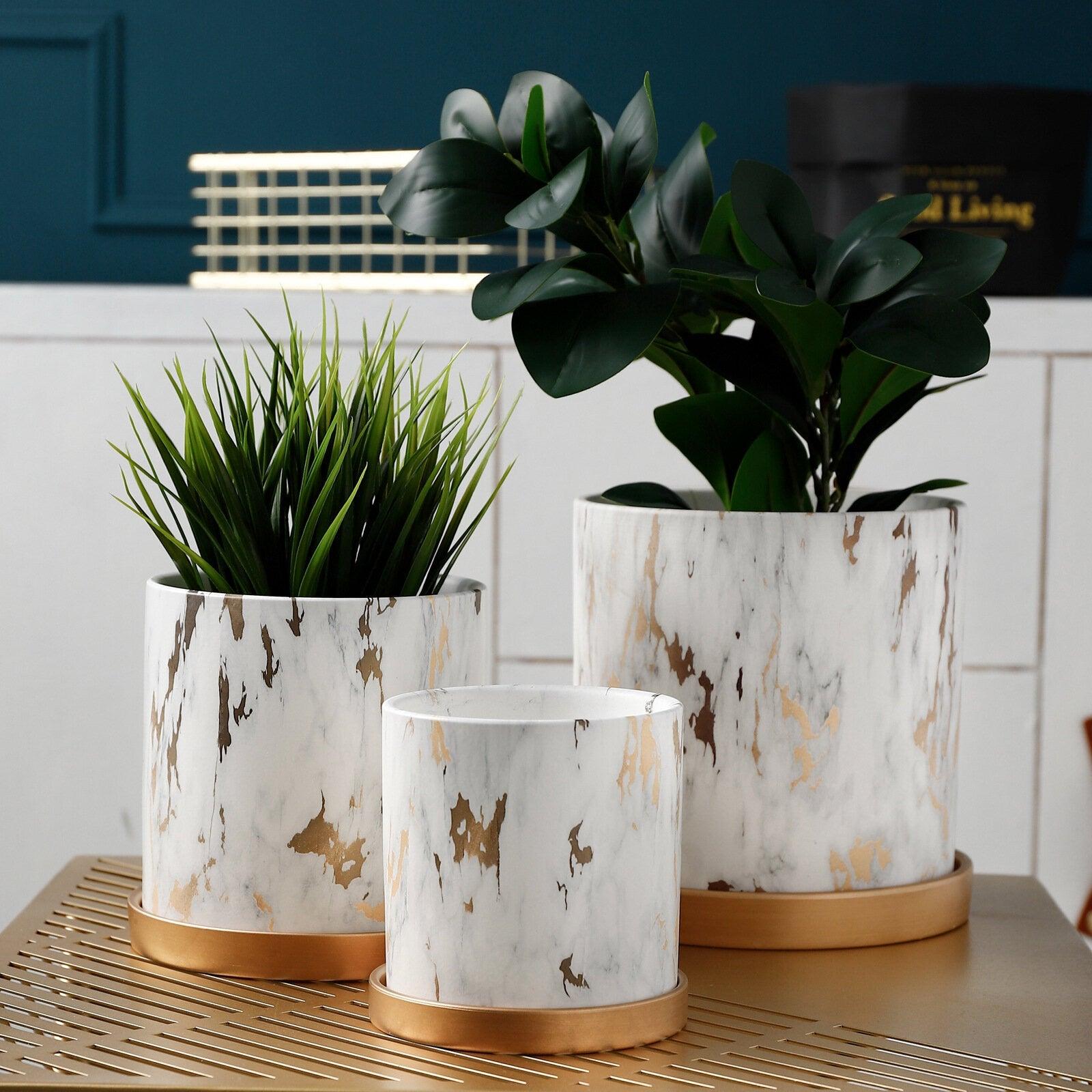 Rustic Marbled Finish Ceramic Table Pot with Saucer (Set of Three)