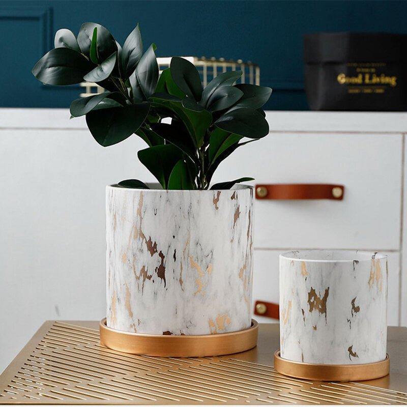 Rustic Marbled Finish Ceramic Table Pot with Saucer (Set of Three)