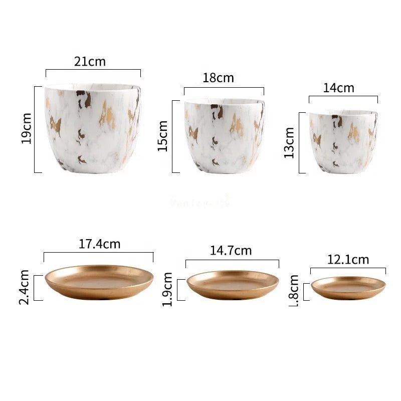 Rustic Marbled Finish Ceramic Table Pot with Saucer (Set of Three)