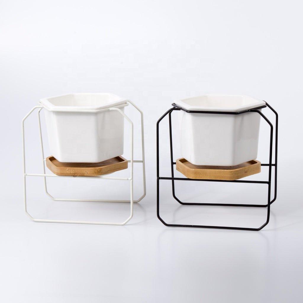 Hexagon porcelain desk pot with bamboo catch and Iron stand