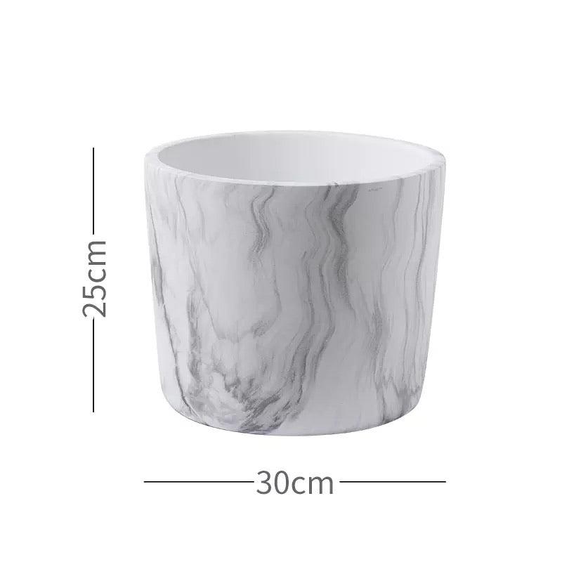 Big Marbled Cylinder Ceramic Floor Planter with Catchplate