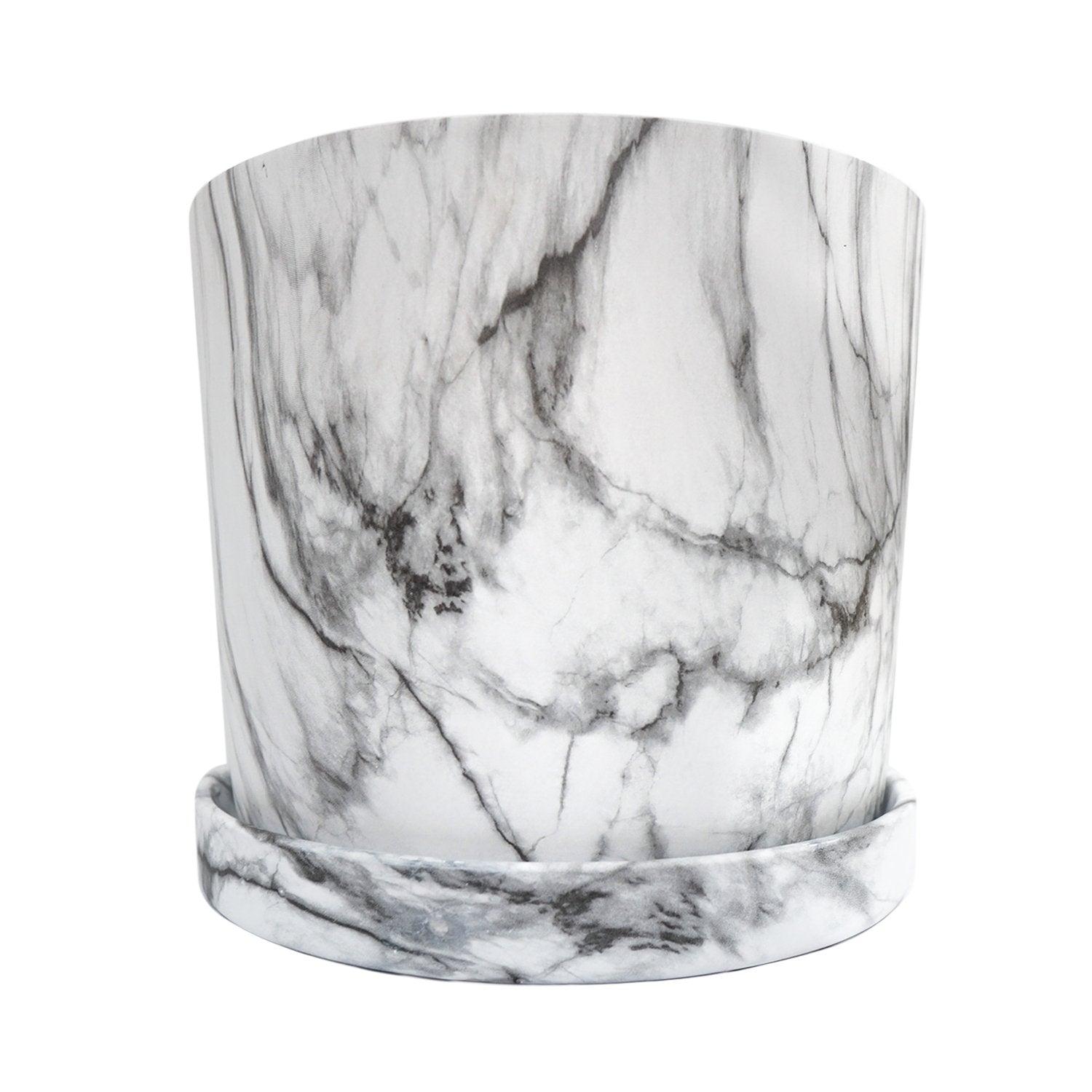 Big Marbled Cylinder Ceramic Floor Planter with Catchplate