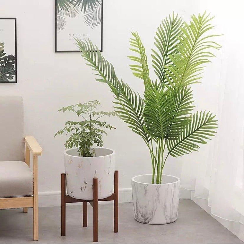 Big Marbled Cylinder Ceramic Floor Planter with Catchplate