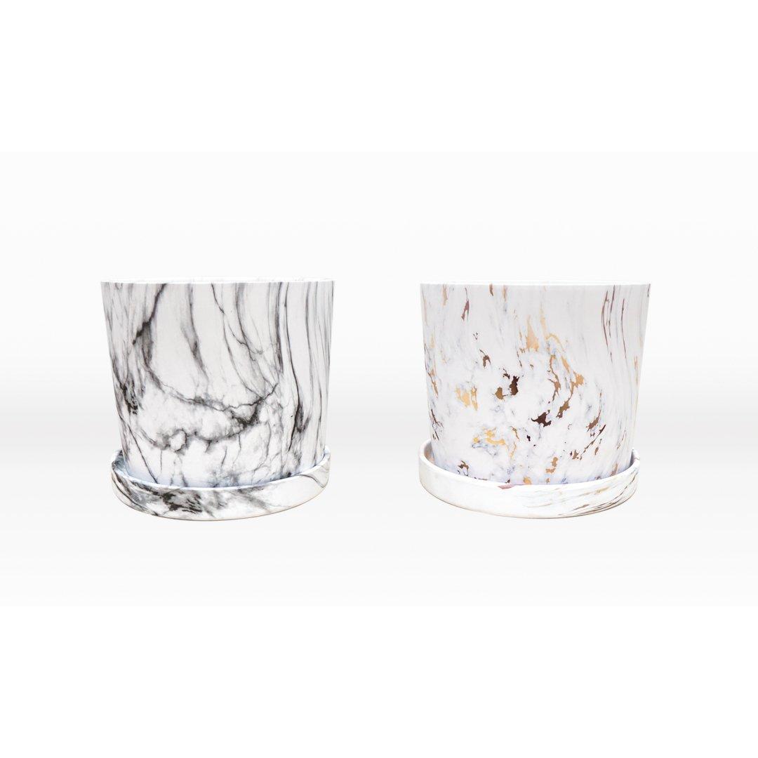 Big Marbled Cylinder Ceramic Floor Planter with Catchplate