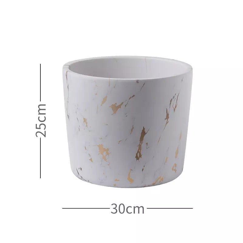 Big Marbled Cylinder Ceramic Floor Planter with Catchplate