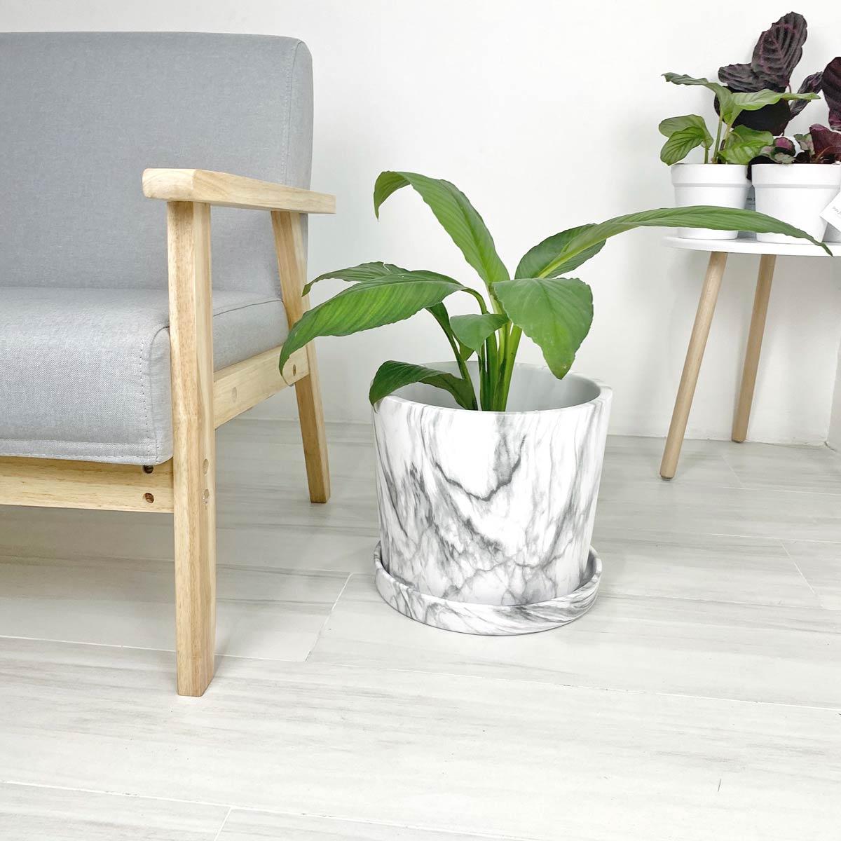 Big Marbled Cylinder Ceramic Floor Planter with Catchplate