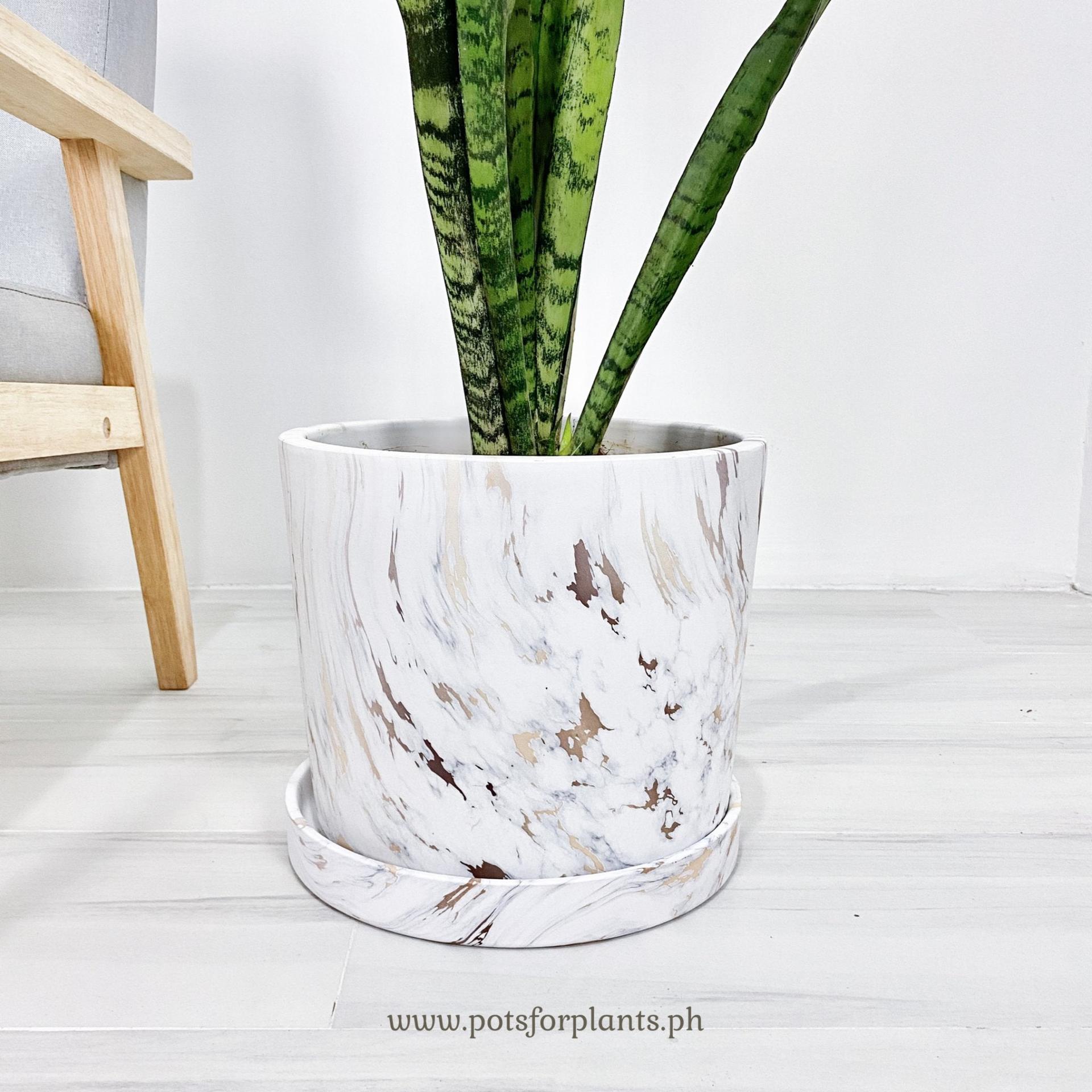 Big Marbled Cylinder Ceramic Floor Planter with Catchplate