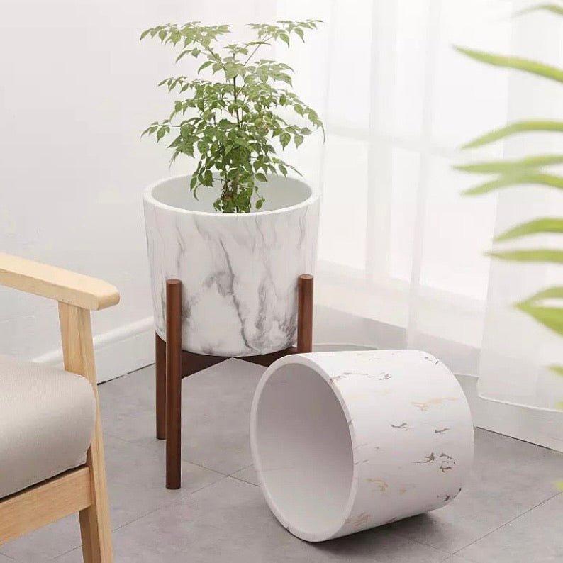 Big Marbled Cylinder Ceramic Floor Planter with Catchplate