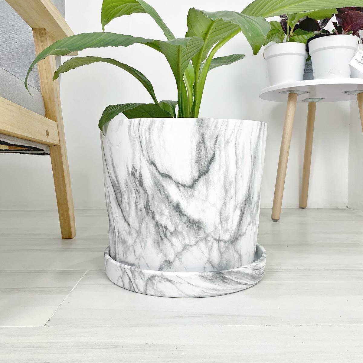 Big Marbled Cylinder Ceramic Floor Planter with Catchplate