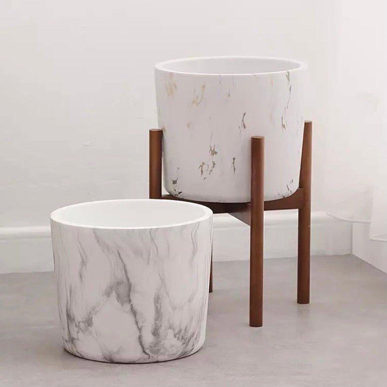 Big Marbled Cylinder Ceramic Floor Planter with Catchplate