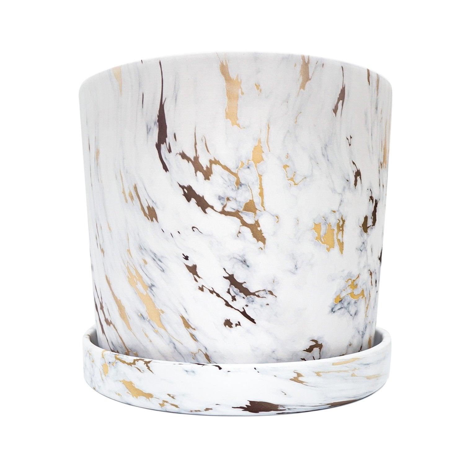 Big Marbled Cylinder Ceramic Floor Planter with Catchplate
