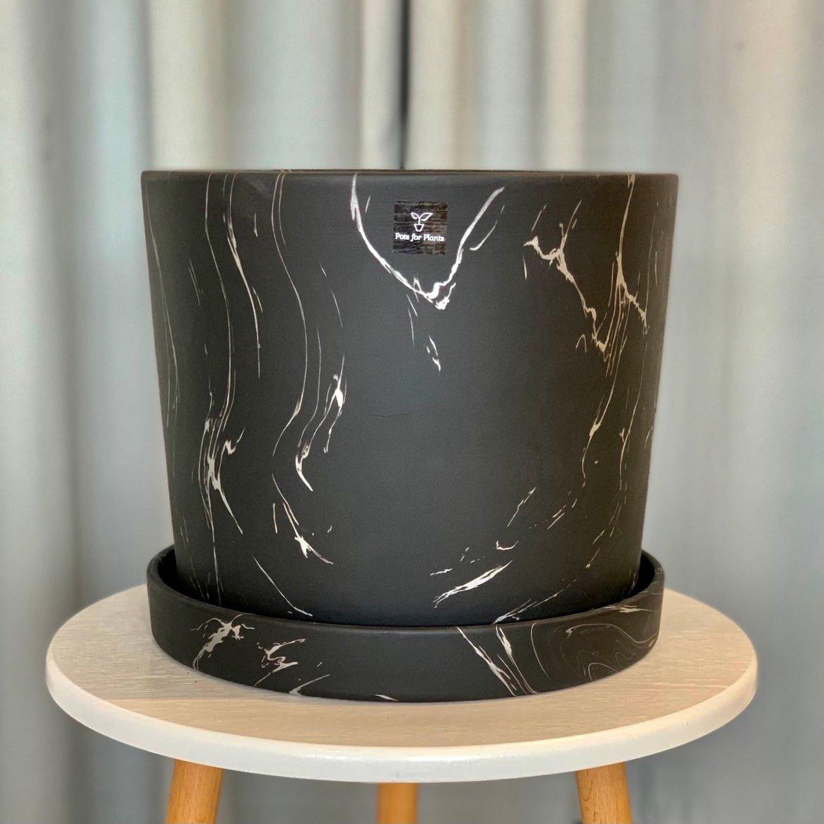 Big Marbled Cylinder Ceramic Floor Planter with Catchplate