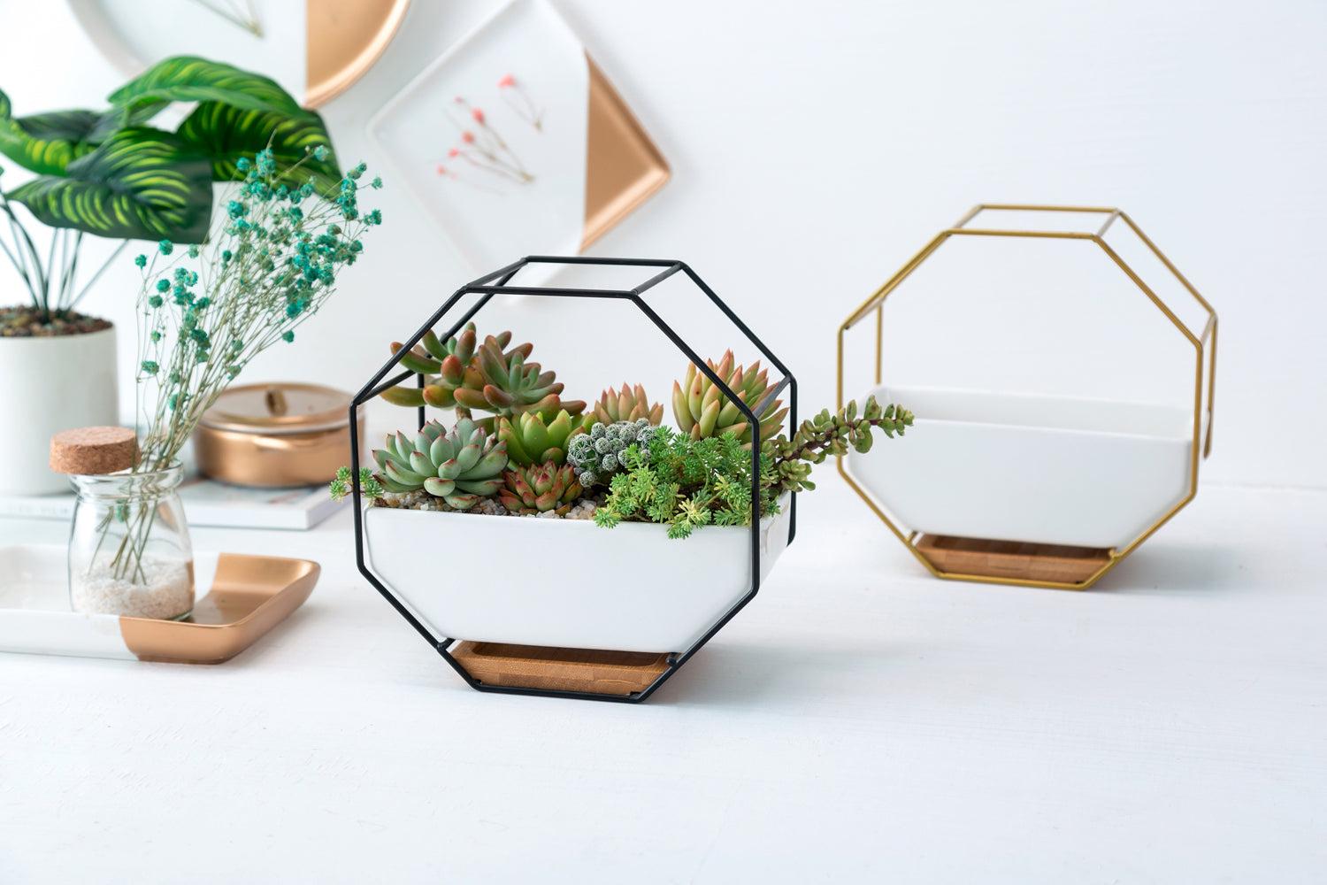 Porcelain Pot with Bamboo Saucer, In Octagon Iron Frame