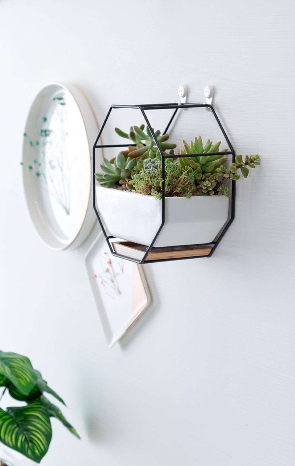 Porcelain Pot with Bamboo Saucer, In Octagon Iron Frame