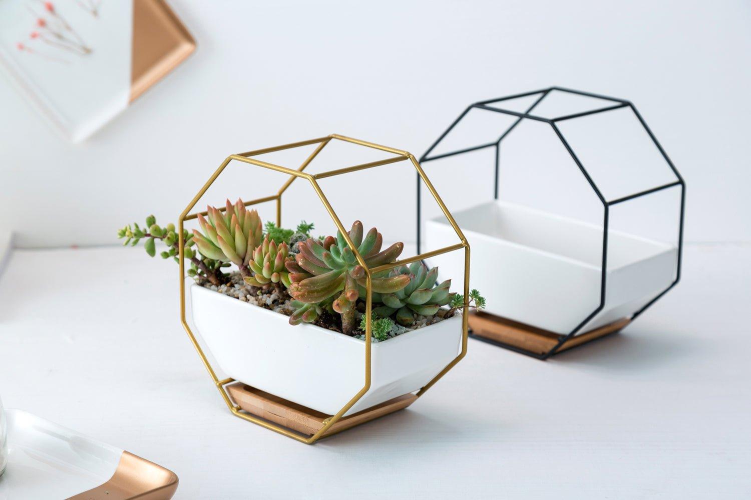 Porcelain Pot with Bamboo Saucer, In Octagon Iron Frame