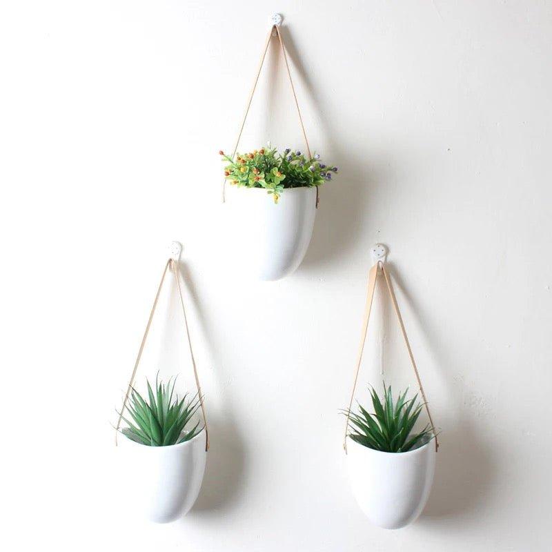 Porcelain Hanging Wall Planter with Strap (Set of three)