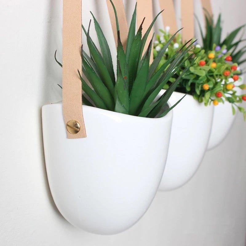 Porcelain Hanging Wall Planter with Strap (Set of three)