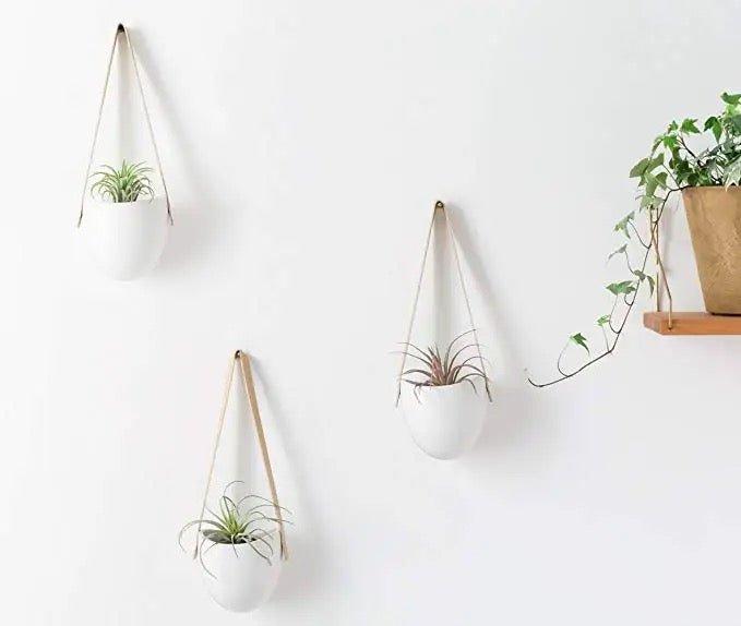 Porcelain Hanging Wall Planter with Strap (Set of three)
