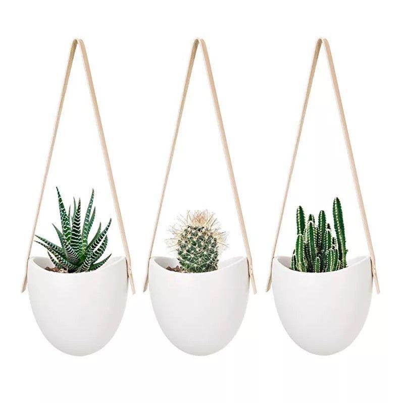 Porcelain Hanging Wall Planter with Strap (Set of three)