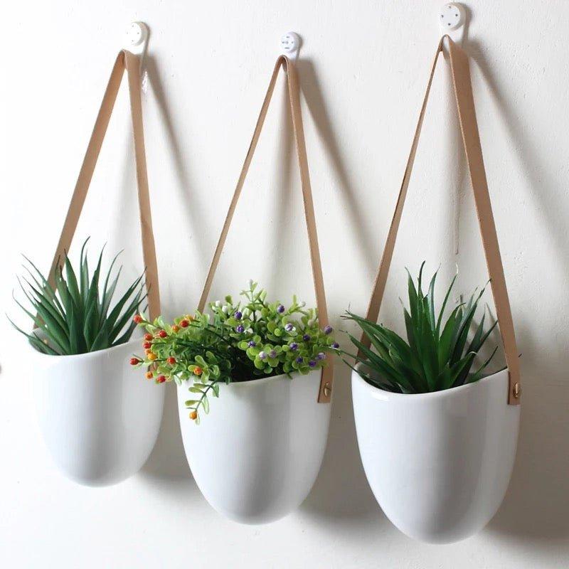 Porcelain Hanging Wall Planter with Strap (Set of three)