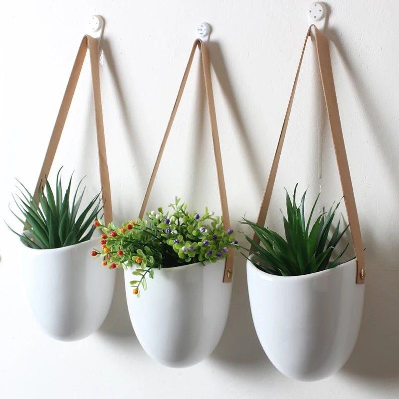Porcelain Hanging Wall Planter with Strap (Set of three)