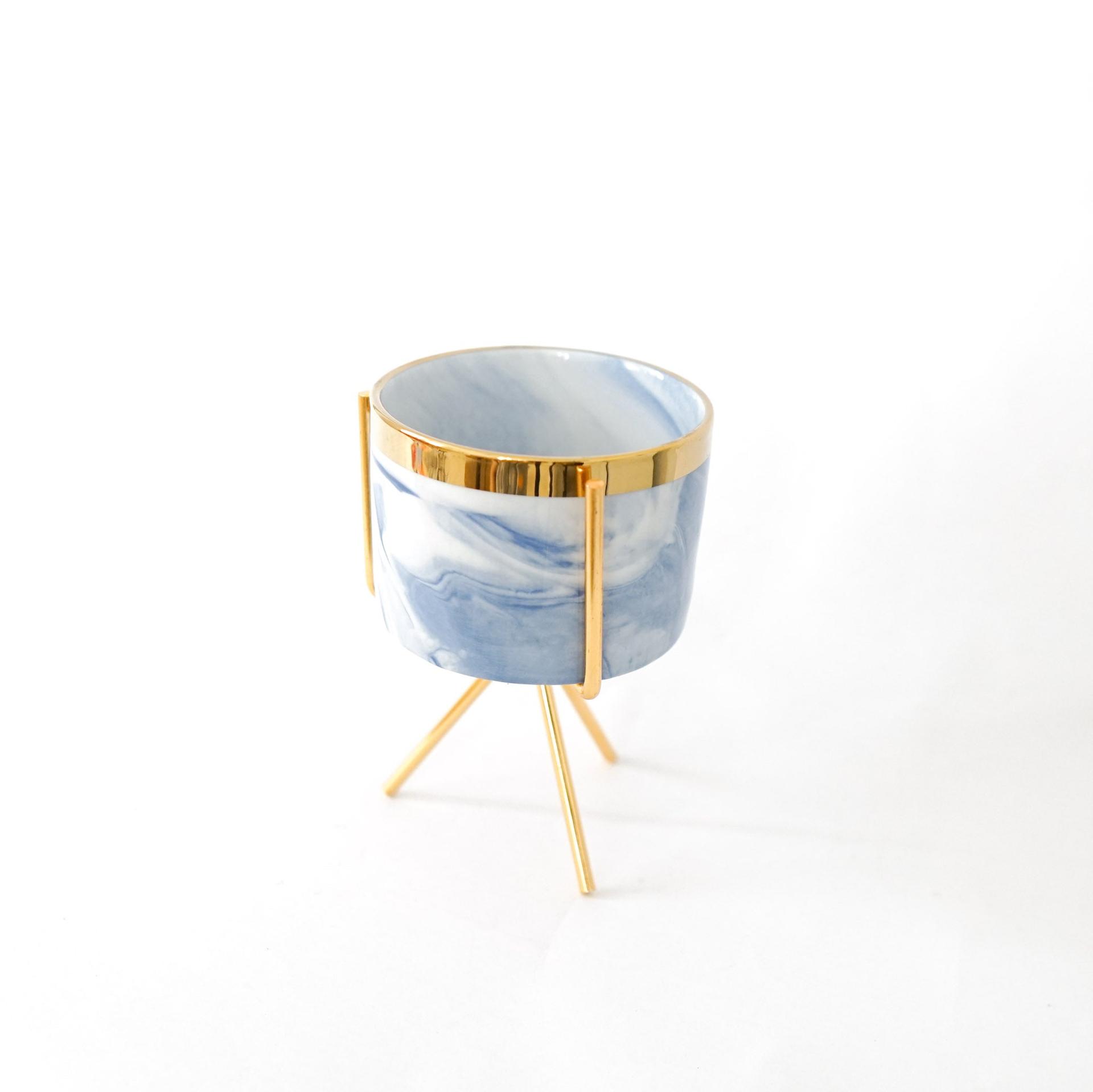 Set of Three Marble Finish Porcelain Ceramic Pots with Iron Stand