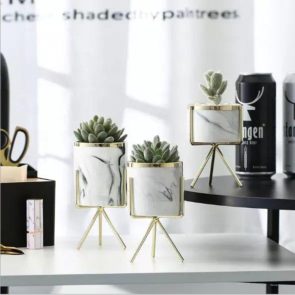 Set of Three Marble Finish Porcelain Ceramic Pots with Iron Stand