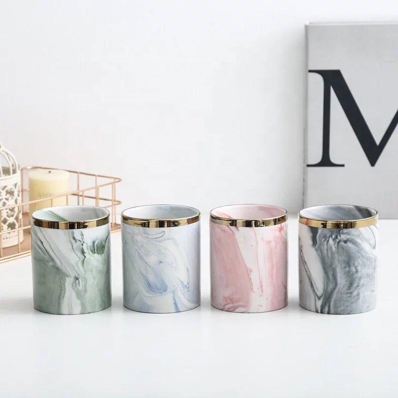 Set of Three Marble Finish Porcelain Ceramic Pots with Iron Stand