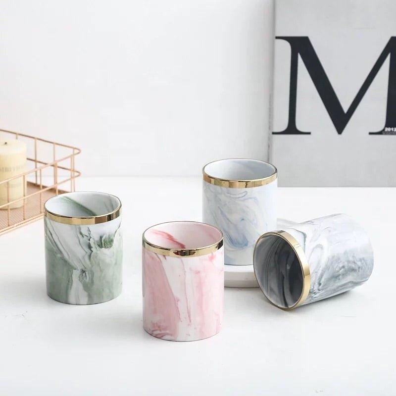 Set of Three Marble Finish Porcelain Ceramic Pots with Iron Stand