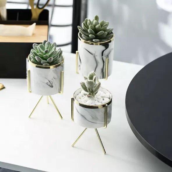 Set of Three Marble Finish Porcelain Ceramic Pots with Iron Stand