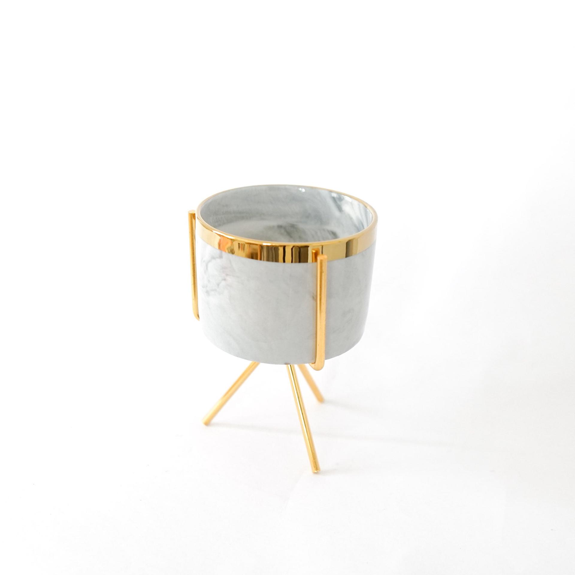 Set of Three Marble Finish Porcelain Ceramic Pots with Iron Stand