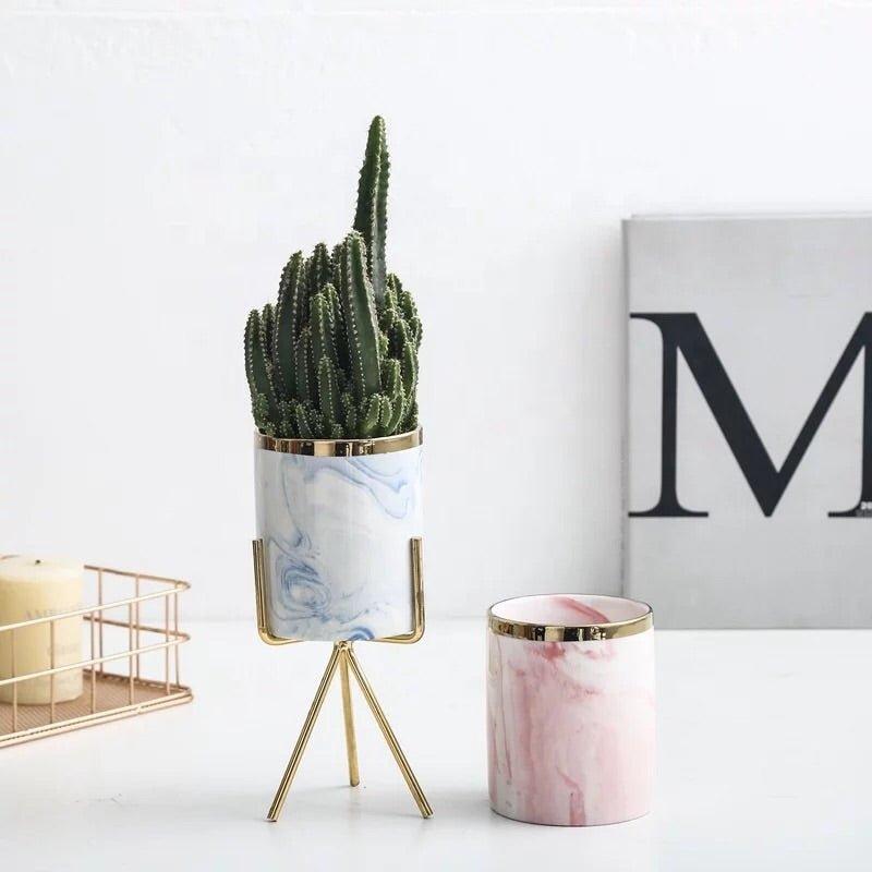 Set of Three Marble Finish Porcelain Ceramic Pots with Iron Stand