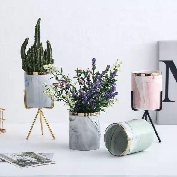 Set of Three Marble Finish Porcelain Ceramic Pots with Iron Stand