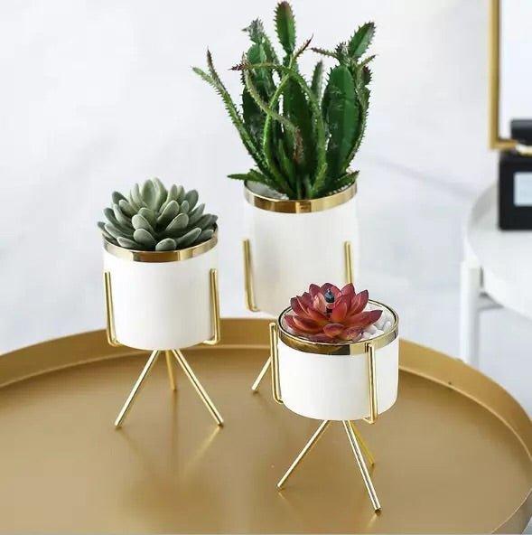 Set of Three Porcelain Pot with Gold Lining and Iron Stand