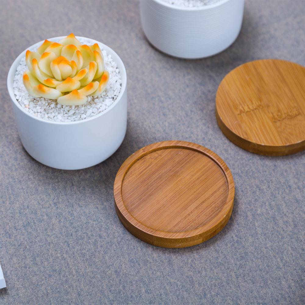 Short Cylinder White Porcelain Pot with Bamboo Saucer